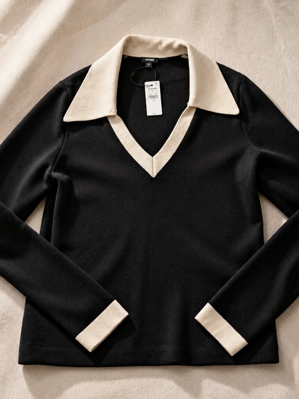 Express Black V-Neck Sweater with Cream Collar and Cuff Trim